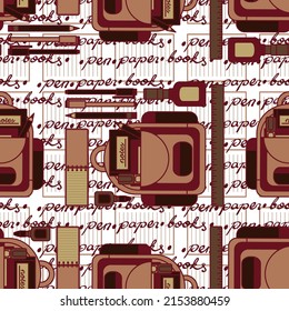 A fun illustration as seamless pattern design featuring school and office related attributes, such as backpack, pen, pencil and others. 