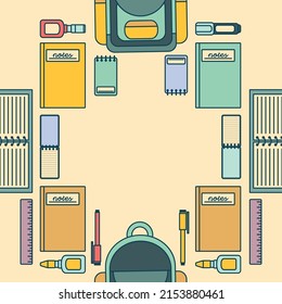 A fun illustration as seamless pattern design featuring school and office related attributes, such as backpack, pen, pencil and others. 