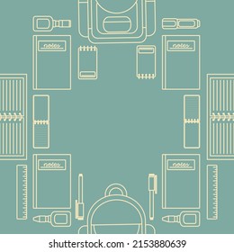 A fun illustration as seamless pattern design featuring school and office related attributes, such as backpack, pen, pencil and others. 