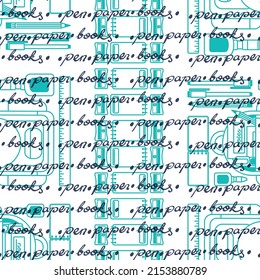 A fun illustration as seamless pattern design featuring school and office related attributes, such as backpack, pen, pencil and others. 
