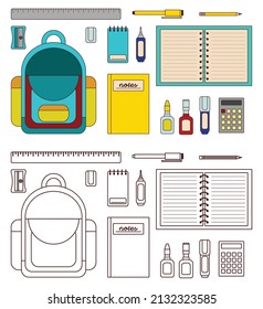 A fun illustration set of design featuring school and office related attributes, such as backpack, pen, pencil and others. 
