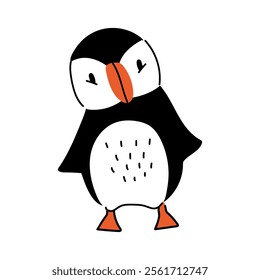 A fun illustration of a standing puffin. Cute doodle arctic bird.