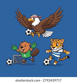 A fun illustration of three cartoon animals playing a soccer game. The eagle is in the air, the beaver is in goal, and the jaguar is dribbling.