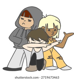 A fun illustration of three young characters posing confidently together. One is doing a dab in front, while the others strike stylish, relaxed stances, showing friendship and expressive attitude.