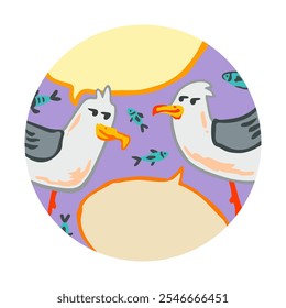 Uma divertida ilustração de duas gaivotas de desenho animado conversando em meio a bolhas de fala e pequenos peixes