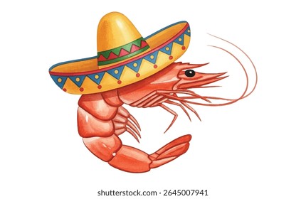 Fun illustration of two shrimp wearing colorful Mexican sombreros. Perfect for party invitations, seafood menus, Cinco de Mayo decor, or festive culinary-themed designs.