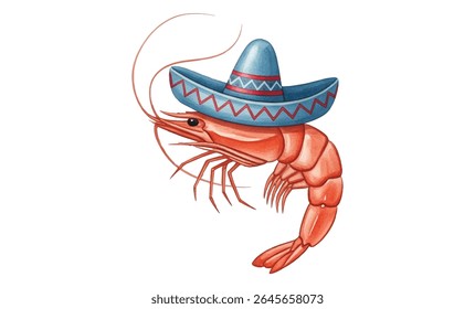 Ilustração divertida de dois camarões vestindo sombreros mexicanos coloridos. Perfeito para convites para festas, menus de frutos do mar, decoração Cinco de Mayo ou projetos culinários festivos.
