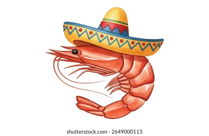 Fun illustration of two shrimp wearing colorful Mexican sombreros. Perfect for party invitations, seafood menus, Cinco de Mayo decor, or festive culinary-themed designs.