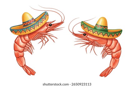 Fun illustration of two shrimp wearing colorful Mexican sombreros. Perfect for party invitations, seafood menus, Cinco de Mayo decor, or festive culinary-themed designs.