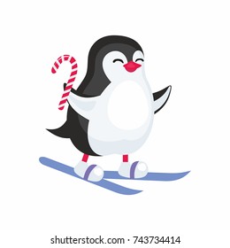 Fun image of a penguin in cartoon style. Vector illustration on white background