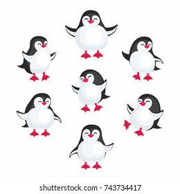 Fun image of penguins in cartoon style. Vector illustration set on white background