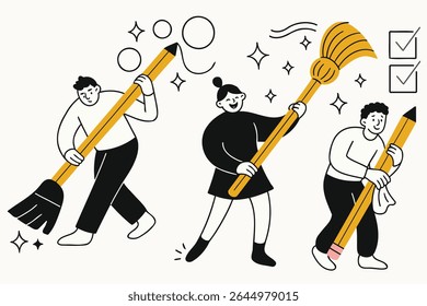 Fun and imaginative illustration of kids cleaning with giant pencil tools — sweeping, dusting, and checking off tasks. Promotes responsibility, teamwork, and creativity through chores.