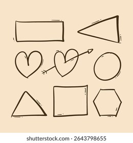 Fun and imperfect sketch style shapes including hearts, arrows, and polygons