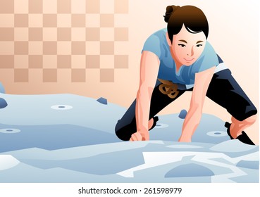 Fun Indoor Rock Climbing - Young Athletic Girl Climbing Blue Wall In Outdoor Fitness Center On Bright Brown Background With Chess Patterns : Vector Illustration