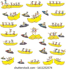 Fun in an inflatable boat dragged by a jet ski. Set of illustrations of a group of friends enjoying the holidays riding inflatable boat. Vector image available in EPS 10.