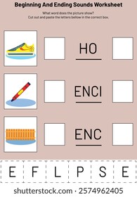 A fun and interactive phonics worksheet designed for kindergarten  to practice beginning and ending sounds. Featuring colorful images of shoes, pencil and fences.