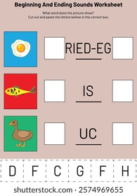 A fun and interactive phonics worksheet designed for kindergarten  to practice beginning and ending sounds. Featuring colorful images of duck, fish and fried egg.