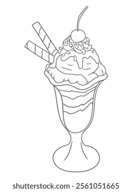 Fun and intricate line art of an ice cream dessert with scoops, cones, and decorations. Excellent for coloring books, art projects, and creative designs.