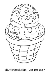 Fun and intricate line art of an ice cream dessert with scoops, cones, and decorations. Excellent for coloring books, art projects, and creative designs.