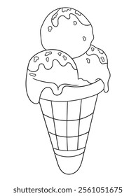Fun and intricate line art of an ice cream dessert with scoops, cones, and decorations. Excellent for coloring books, art projects, and creative designs.
