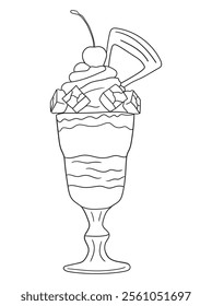 Fun and intricate line art of an ice cream dessert with scoops, cones, and decorations. Excellent for coloring books, art projects, and creative designs.