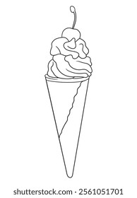 Fun and intricate line art of an ice cream dessert with scoops, cones, and decorations. Excellent for coloring books, art projects, and creative designs.