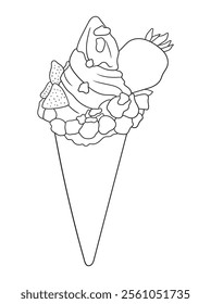 Fun and intricate line art of an ice cream dessert with scoops, cones, and decorations. Excellent for coloring books, art projects, and creative designs.
