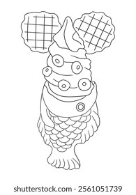 Fun and intricate line art of an ice cream dessert with scoops, cones, and decorations. Excellent for coloring books, art projects, and creative designs.