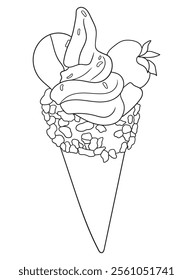 Fun and intricate line art of an ice cream dessert with scoops, cones, and decorations. Excellent for coloring books, art projects, and creative designs.