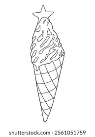 Fun and intricate line art of an ice cream dessert with scoops, cones, and decorations. Excellent for coloring books, art projects, and creative designs.