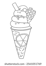 Fun and intricate line art of an ice cream dessert with scoops, cones, and decorations. Excellent for coloring books, art projects, and creative designs.