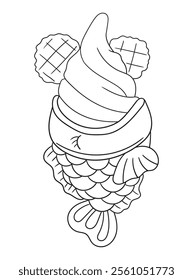 Fun and intricate line art of an ice cream dessert with scoops, cones, and decorations. Excellent for coloring books, art projects, and creative designs.