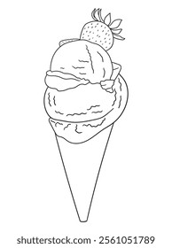 Fun and intricate line art of an ice cream dessert with scoops, cones, and decorations. Excellent for coloring books, art projects, and creative designs.