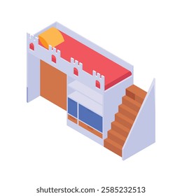 A fun, isometric icon of a kids bunk bed with a castle-themed design