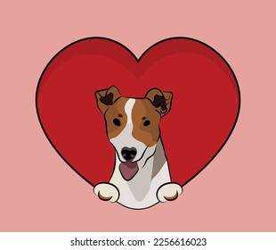 Fun Jack Russell dog hanging with paws in a big Valentine's day heart. Love heart with pet head and red heart and footprint. Dog face Holding Pink Heart Cartoon Icon. St Valentine's day for dog funs.