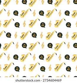 Divertido Jazz de Notas Musicales y Patrón de Saxofón. Ideal para músicos, amantes del jazz y diseñadores que buscan un patrón de saxofón divertido y vibrante. Perfecto para fondos, impresiones de tela, Fondos de pantalla, etc