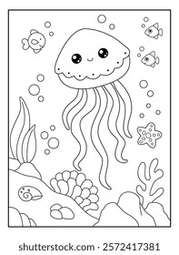 fun jelly fish with sea view background coloring page for kids. Funny animal outline vector illustration.