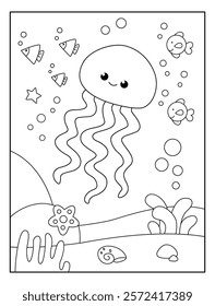 fun jelly fish with sea view background coloring page for kids. Funny animal outline vector illustration.