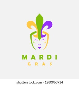 Logo vector, icono, diseño del día mardi gras. Divertido bufón con gorro de lis.