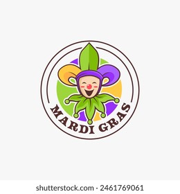 Fun jester with fleur de lis hat logo icon vector template on white background. Emblem badge mardi gras carnival design logo