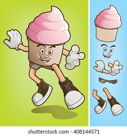 Fun Jumping Expresion Ice Cream Cup Mascot Hand Up