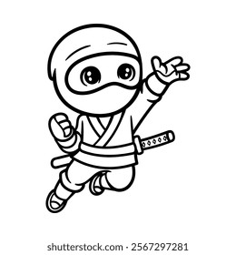 fun jumping ninja cartoon character isolated drawing line art style sketch classic vintage design illustration