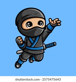 fun jumping ninja on black and blue cartoon colored character isolated drawing line art style sketch classic vintage design illustration