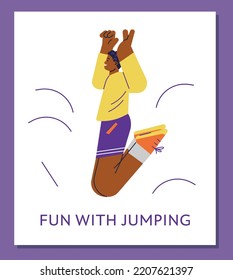 Fun with jumping and trampolining entertainment and fitness activity banner, flat cartoon vector illustration. Trampoline jumps advertisement, flat vector illustration.