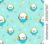 Fun Kawaii style Easter eggs dancing to music with headphones. Vector seamless pattern. Background is blue with bright musical notes. Perfect for wrapping paper, wallpaper, textiles and decor.