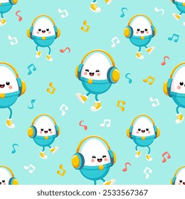 Divertidos huevos de Pascua estilo kawaii bailando música con auriculares. Patrón sin fisuras de Vector. El fondo es azul con notas musicales brillantes. Perfecto para envolver papel, Fondo de pantalla, textiles y decoración.