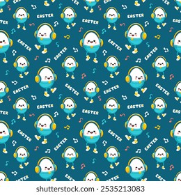 Fun Kawaii style Easter eggs dancing to music with headphones. Blue background with brightly colored musical notes and Easter lettering. Vector seamless pattern. Perfect for wrapping paper, wallpaper