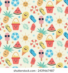 Divertidos iconos de verano kawaii patrón sin fisuras con helado, paleta, cubo de arena, piña, sandía y sol sonriente. Para niños de tela, estampado de verano y papel de envoltura. 