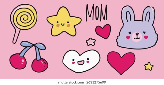 Fun kawaii vector doodles on pink background: bunny, cherries, lollipop, hearts, stars, and playful text. The bright, cartoonish sticker style reflects Y2K and cute pop aesthetic trends.
