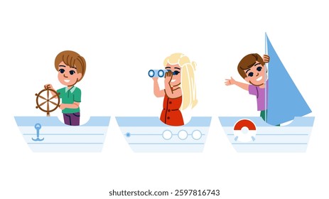 fun kid boating  vector.  water explore, nature sun, waves anchor fun kid boating character. people flat cartoon illustration